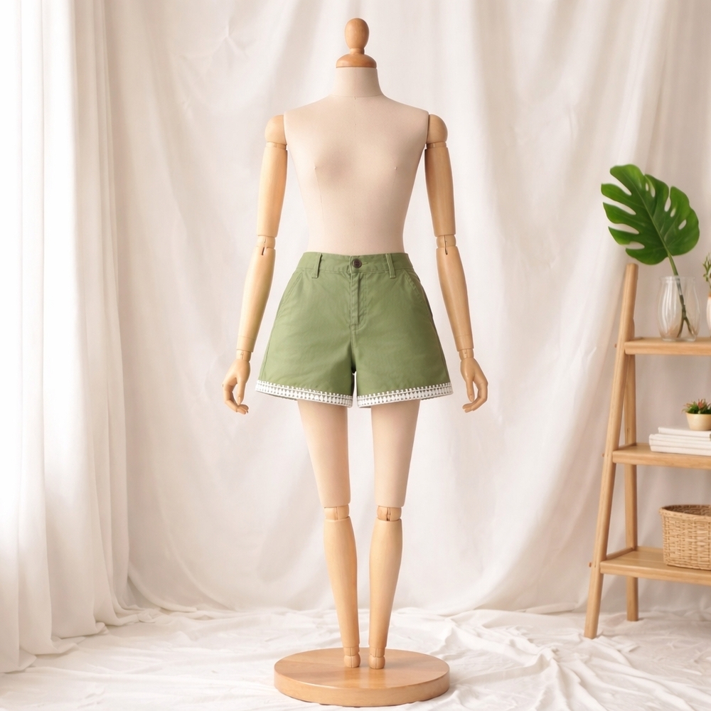 High-Rise Olive Green Embroidered Hem Women's Shorts - Picture 3 of 9